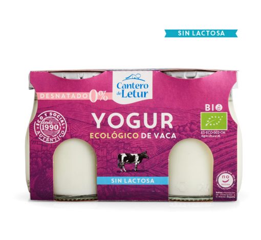 Yogur desnatado y ecológico de vaca sin lactosa. Cantero de Letur
